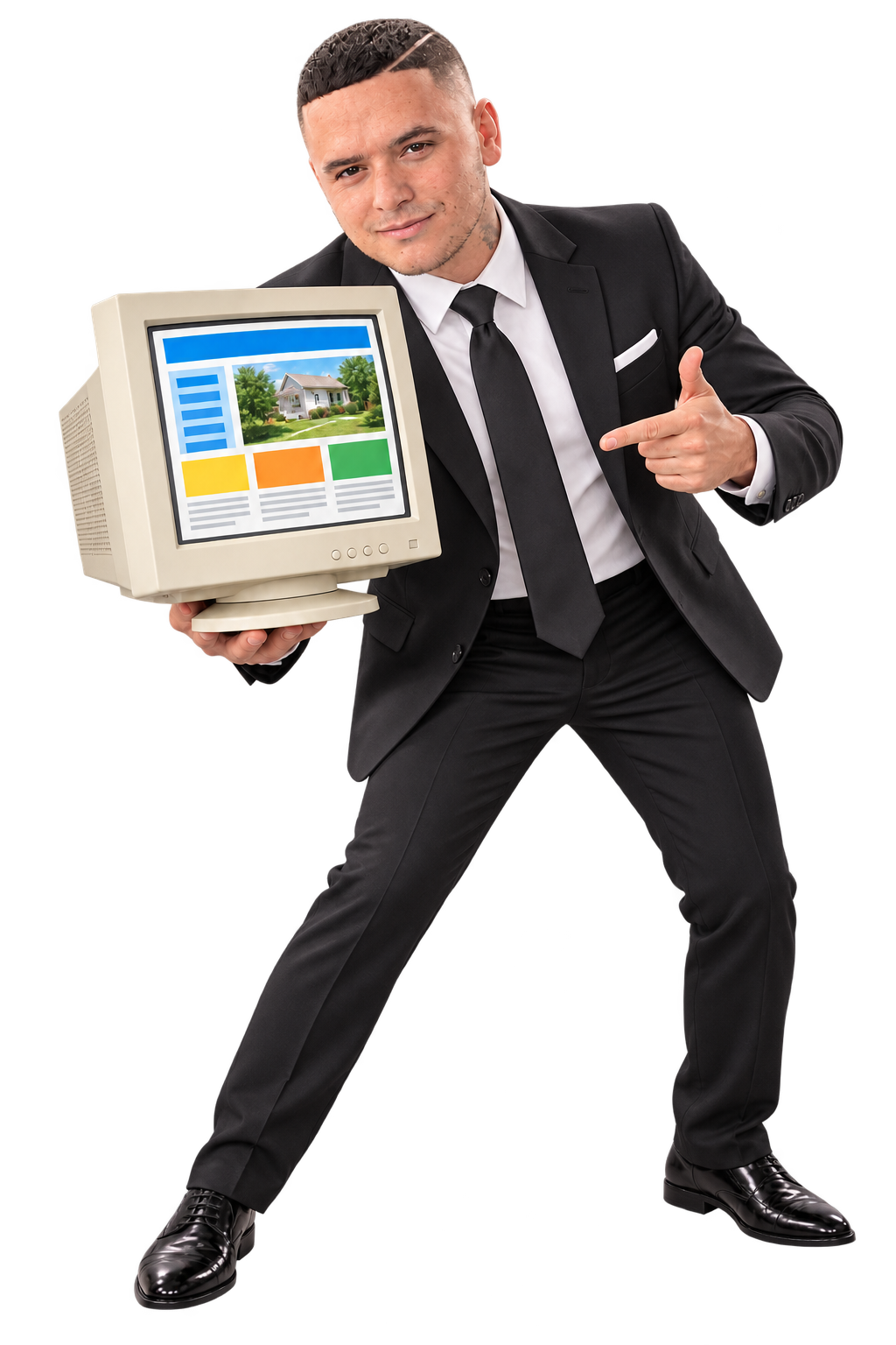 Illustrated Mike in a black business suit, holding a vintage computer and pointing at the website