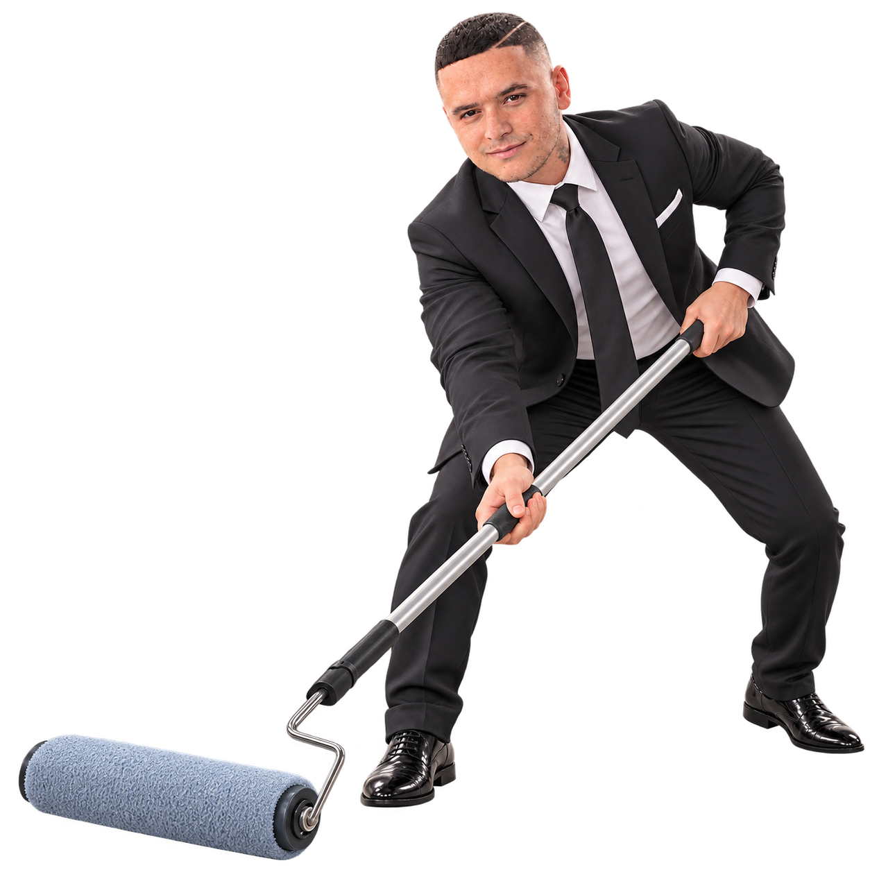 Illustrated Mike in a black business suit, leaning into an oversized epoxy floor roller across the website image
