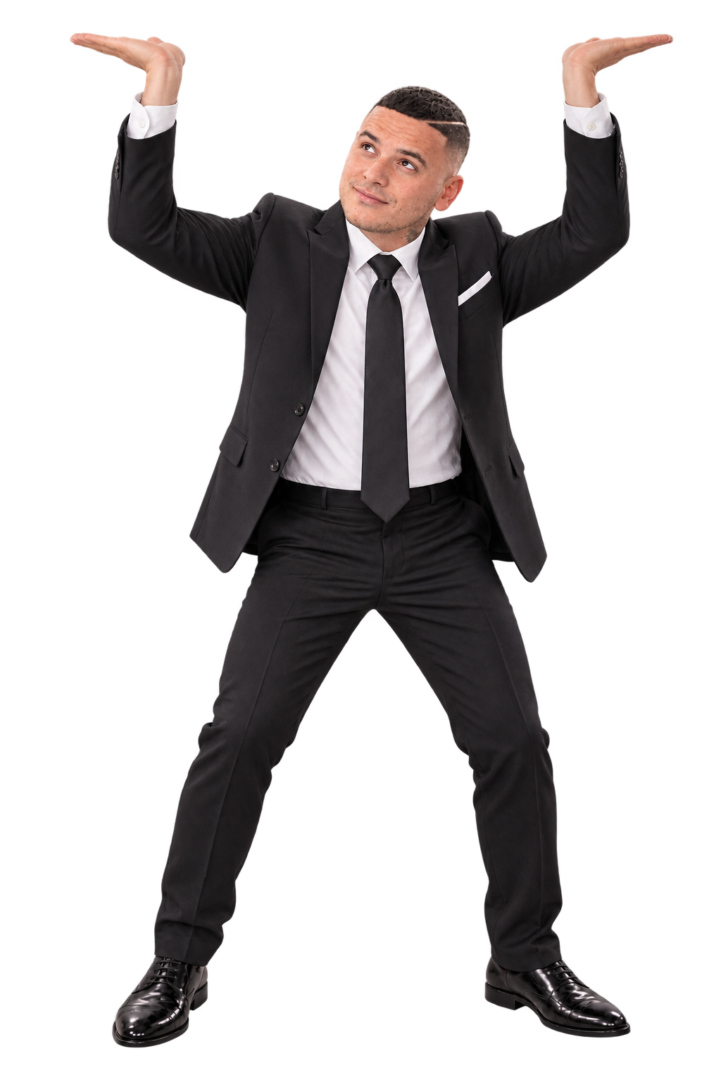 Illustrated Mike in a black suit, raising both hands to hold up the offer