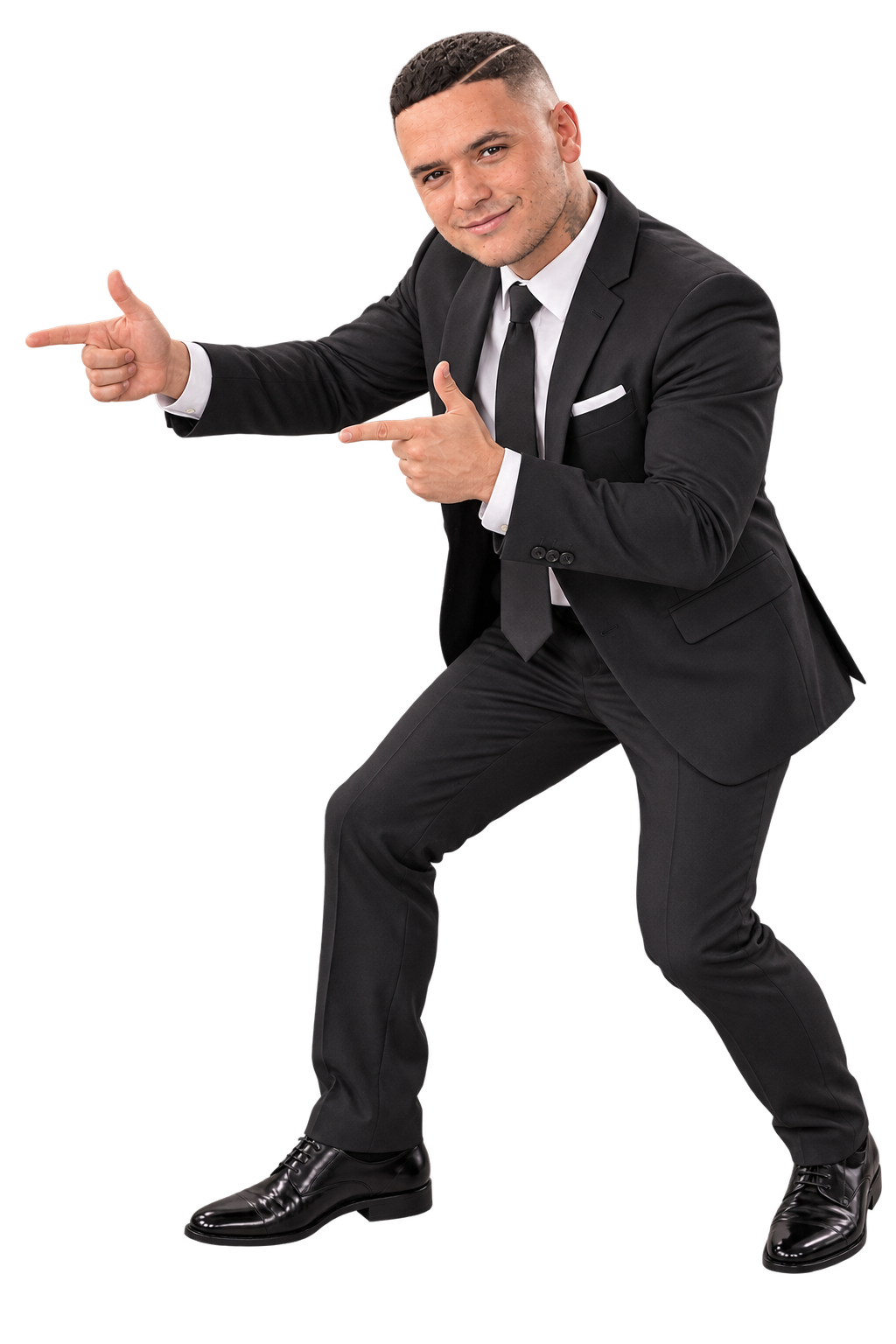 Illustrated Mike in a black suit, crouching and pointing both hands toward the hosting offer