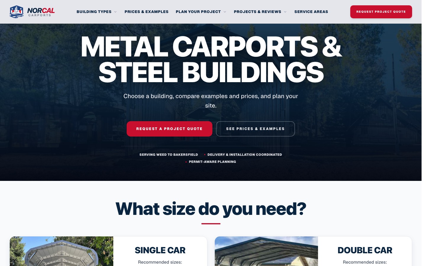 NorCal Carports homepage: metal carports and steel buildings with a request-quote path