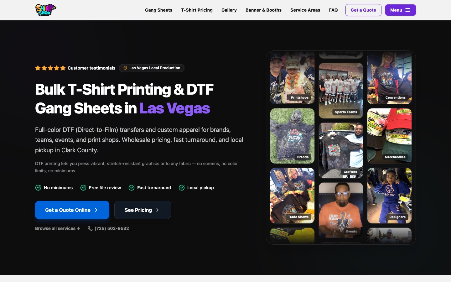 The Shirt Store LV homepage: Las Vegas bulk t-shirt printing and DTF gang sheets with a get-a-quote path